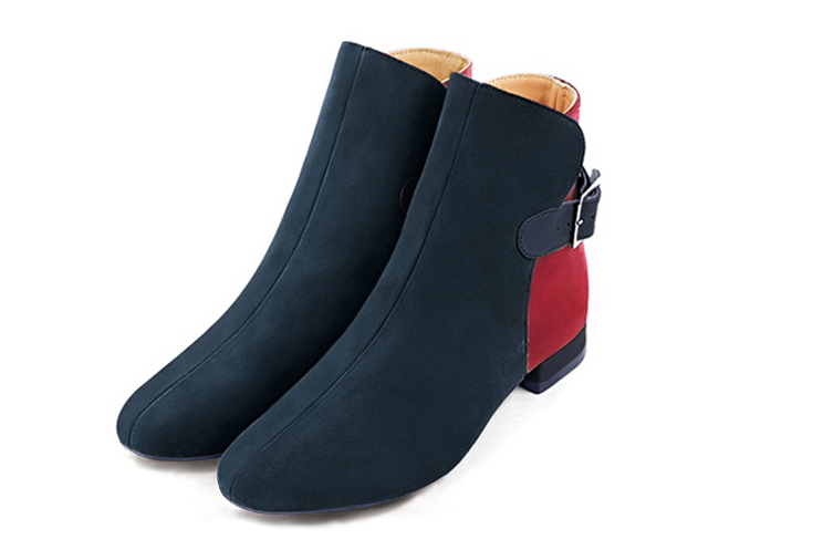 Navy blue and cardinal red women's ankle boots with buckles at the back. Round toe. Flat block heels. Front view - Florence KOOIJMAN